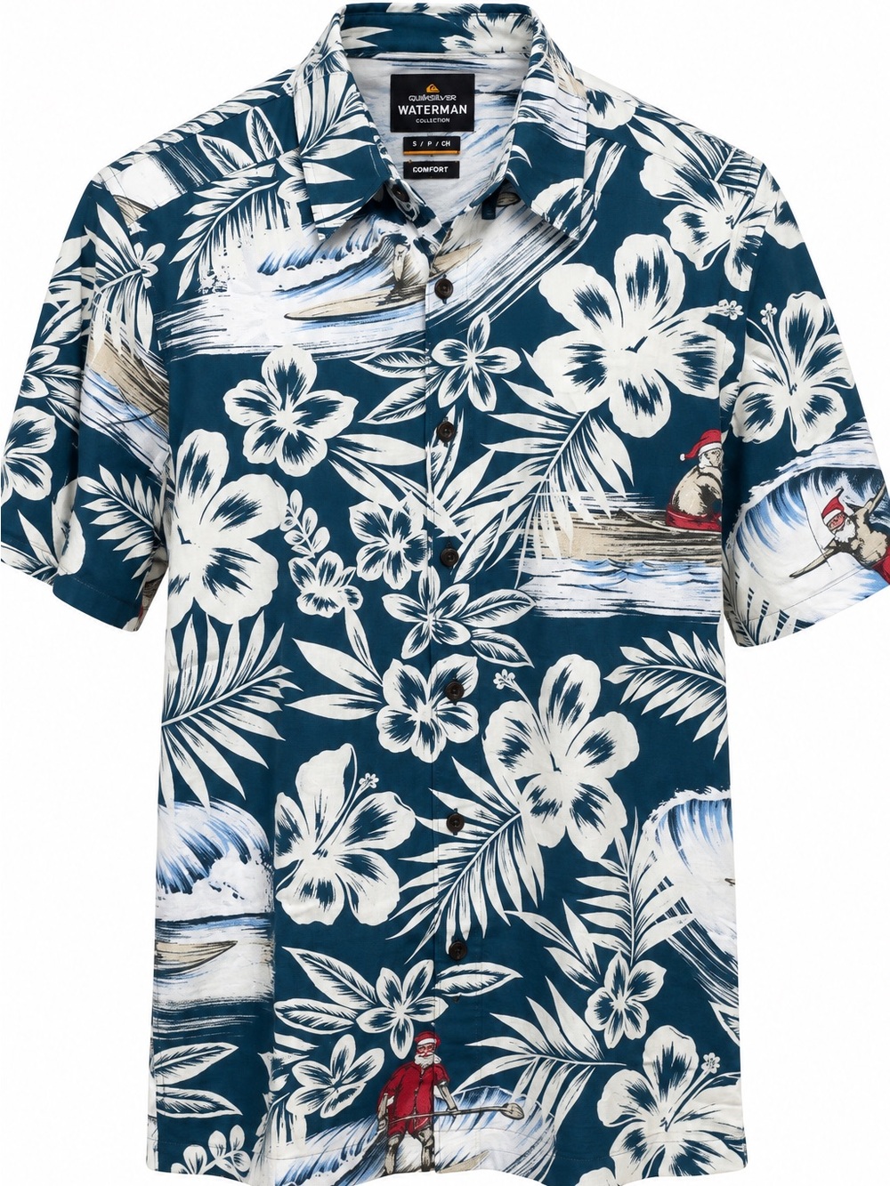 NWT Quiksilver Waterman Hawaiian Surf Santa Floral Shirt Men’s Small Blue